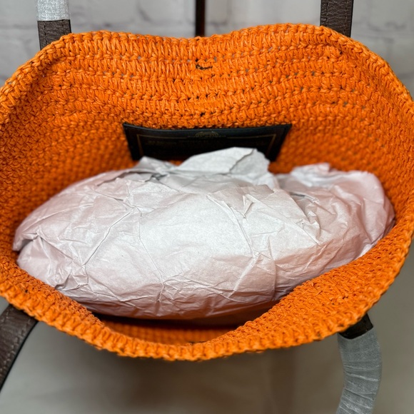 KURT GEIGER Hampton Raffia and Leather Shoulder Tote Bag Orange Brass Eagle Head - Picture 14 of 16
